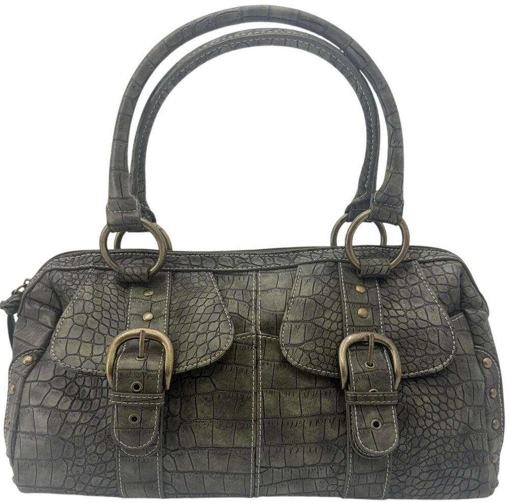 ANA Green Croc Embossed Faux Leather Satchel Purse Buckle Pocket Handbag